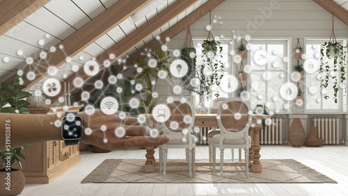 Woman wearing a smart watch, arm, wrist, geometric background with connected line and dots showing internet of things system, home automation concept over boho dining room