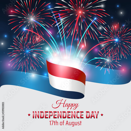 August 17, independence day indonesia, vector template with indonesian flag and fireworks on blue night sky background. National holiday of indonesia on august 17. Independence day card