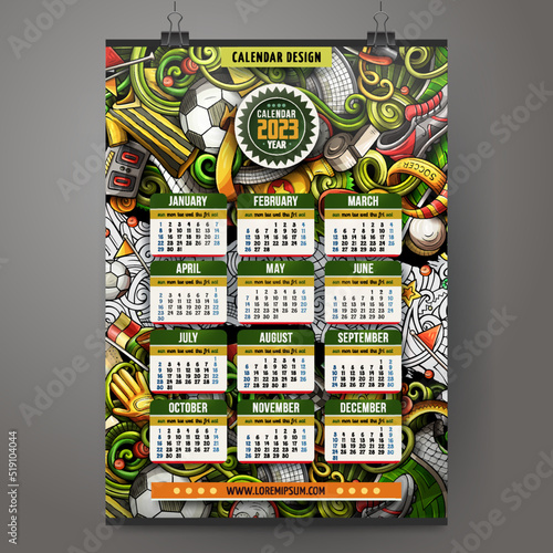Cartoon colorful hand drawn doodles football 2023 year calendar