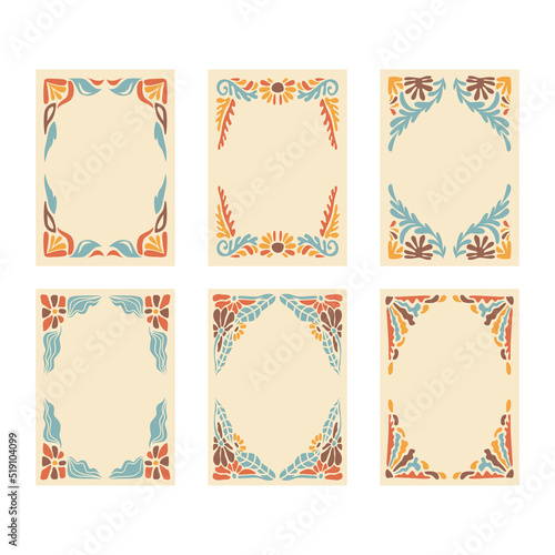 Vintage Set of Flower Frame, Foliage Collection with Abstract floral Botanical bundle Elements. Nature of plants. 90s Groovy Retro psychedelic Style border, suitable for wedding invitation art poster