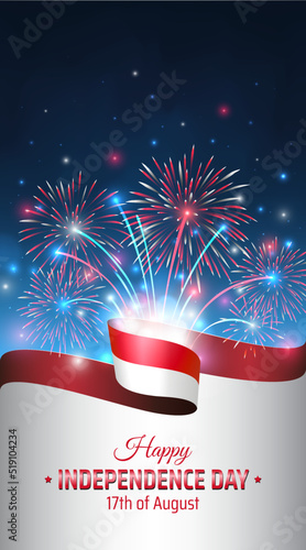 August 17, independence day indonesia, vector template with indonesian flag and fireworks on blue night sky background. National holiday of indonesia on august 17. Independence day card