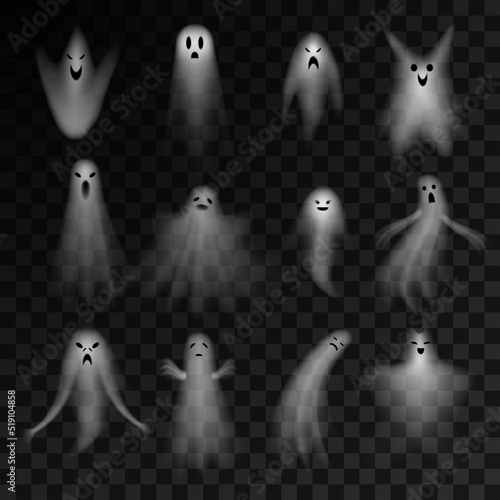 White transparent flying scary ghosts set realistic vector angry Halloween night fear monster spirit