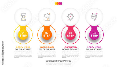 Vector infographics circles. Business concept of 4 options. Timeline step by step template with four labels for diagram, web, banner, presentations, flowchart, content, levels, chart, graphic