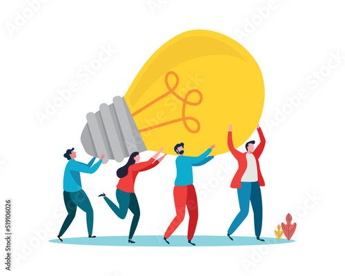  People Brainstorming for new idea, creative business ideas with a light bulbs. Business solution concept. Flat cartoon vector illustration