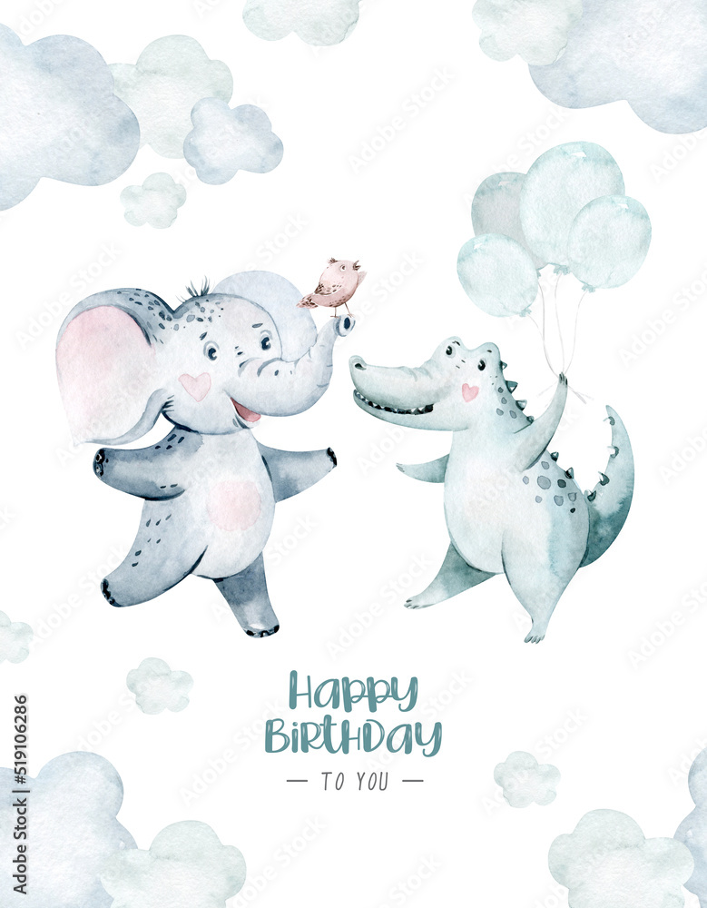 Hand drawn watercolor elephant and crocodile dancing animals. Boho illustrations, jungle tree, brazil trendy art. Perfect for fabric design. Aloha collection. Hand drawn watercolor elephant and crocodile dancing animals. Boho illustrations, jungle tree, brazil trendy art. Perfect for fabric design. Aloha collection.