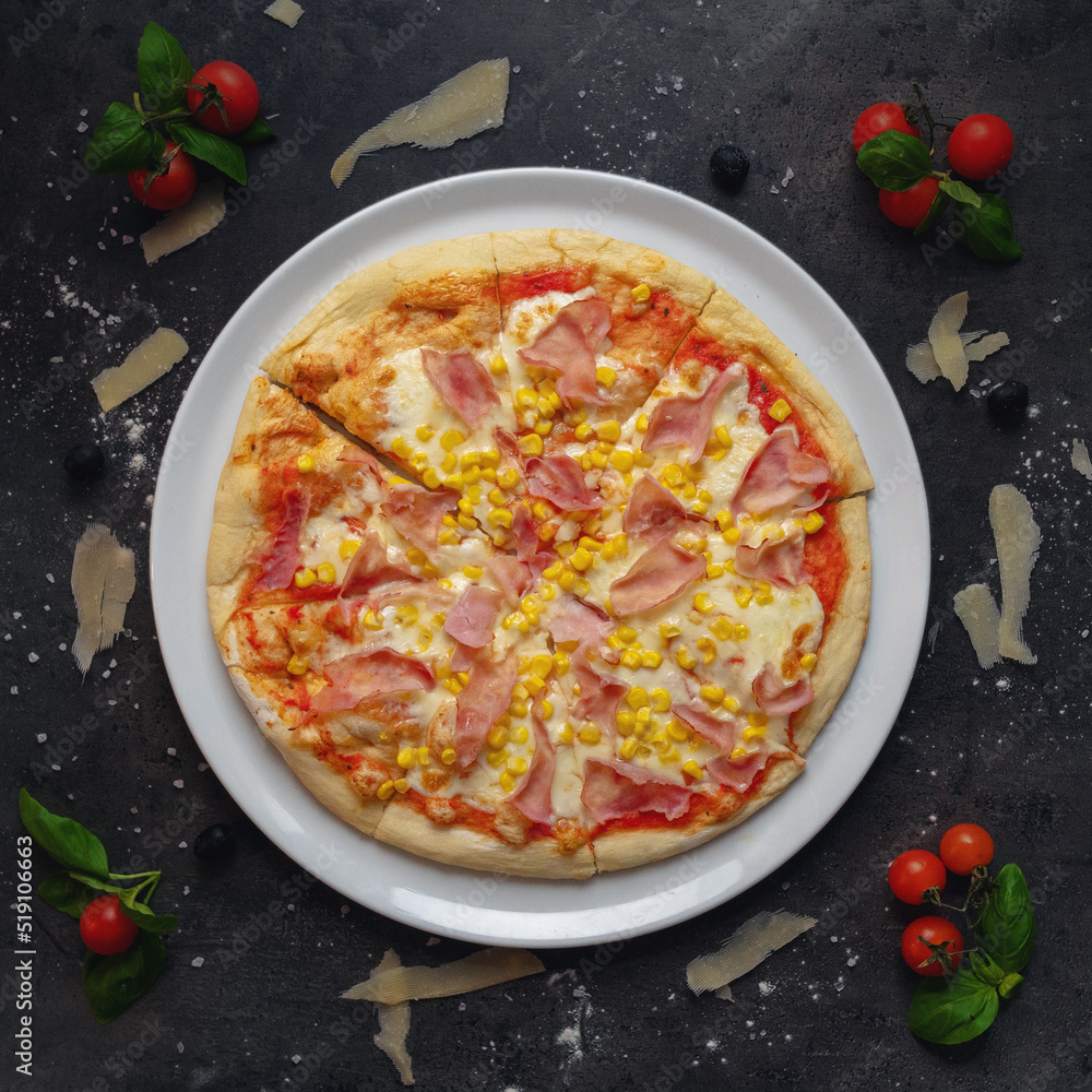 Delicious Italian Style Pizza With Ham And Corn, Top Down Shoot, Appetizing Background