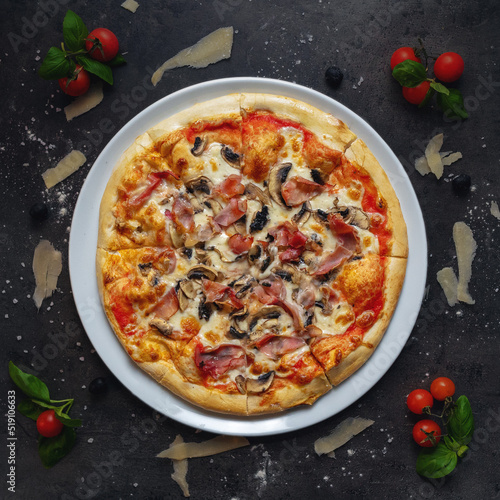 Traditional Italian Pizza with Homemade Tomato Sauce, Ham From Prague And Mushroom, Top Down Shoot, Appetizing Background