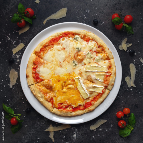 Traditional Italian 4 Cheese Pizza, Cheddar, Mozzarella, Blue, Camembert Cheese, 4 Formaggi Style, Top Down Shoot, Appetizing Background