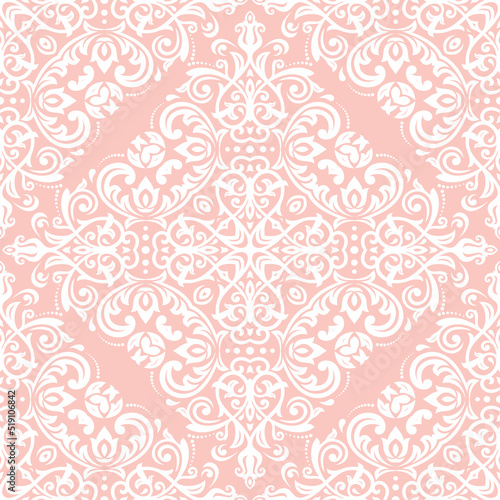 Classic seamless pattern. Damask orient ornament. Classic vintage pink and white background. Orient ornament for fabric  wallpaper and packaging