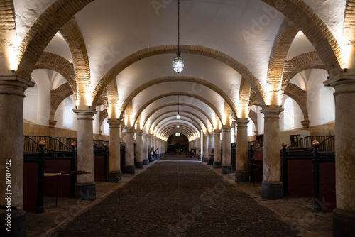 Arcade inside of the Royal Stables in Cordoba  Andalusia  Spain.