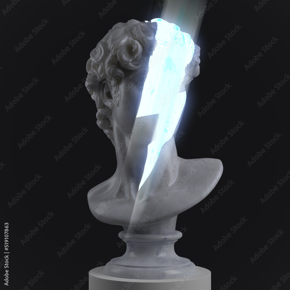 Abstract digital illustration from 3D rendering of a classical white marble head bust with face stricken by a glowing white lighting bolt and isolated on background.