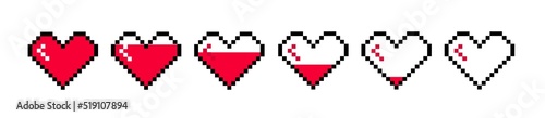 Pixel set of hearts for computer games. Life strip. Filling level of the heart.
Health scale.
Vector illustration.