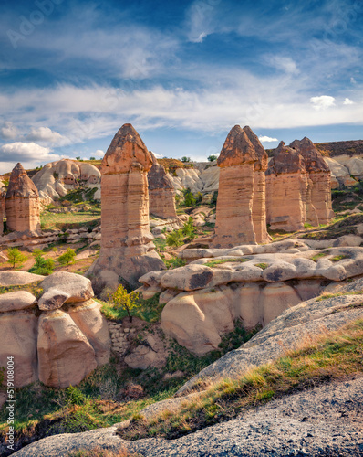 Vertical view of strange shapes of sandstone canyon, Goreme village location. Nice morning scene of , Cappadocia, Turkey, Asia. Beauty of nature concept background..