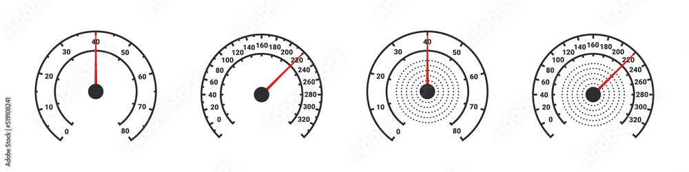 Car speedometer with speed level scale. Speedometer and tachometer scales. Speed indicator sign. Vector illustration Car speedometer with speed level scale. Speedometer and tachometer scales. Speed indicator sign. Vector illustration