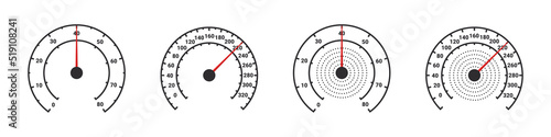 Car speedometer with speed level scale. Speedometer and tachometer scales. Speed indicator sign. Vector illustration