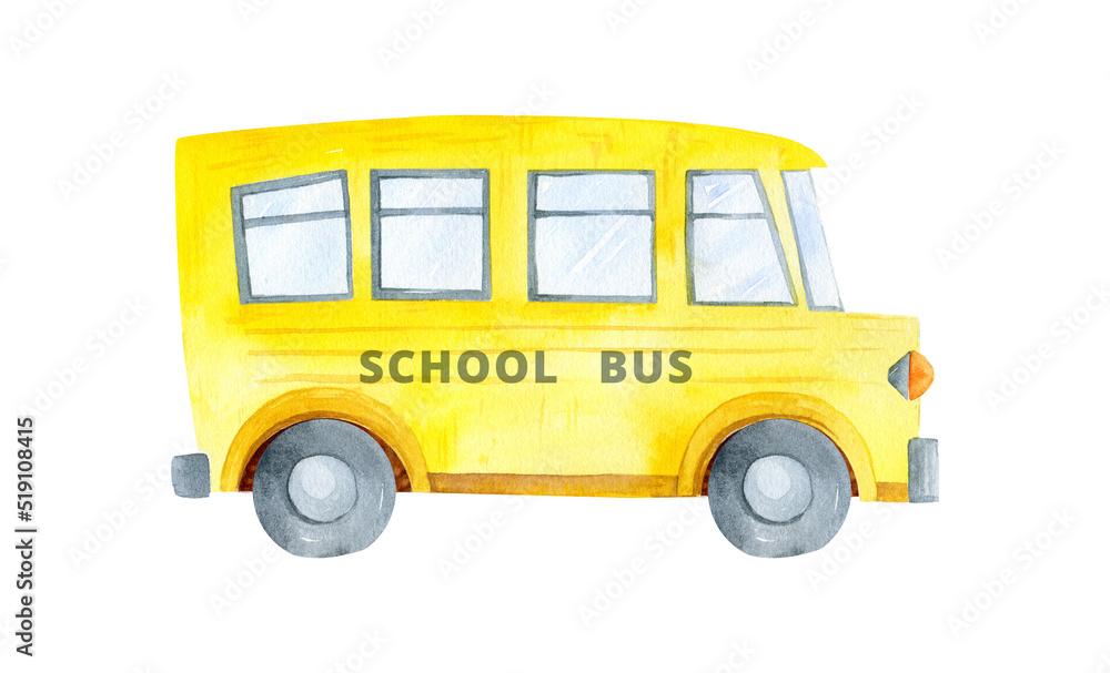 Back to school illustration. School bus watercolor. Elementary yellow school bus isolated. Education clipart. Kid bus graphics