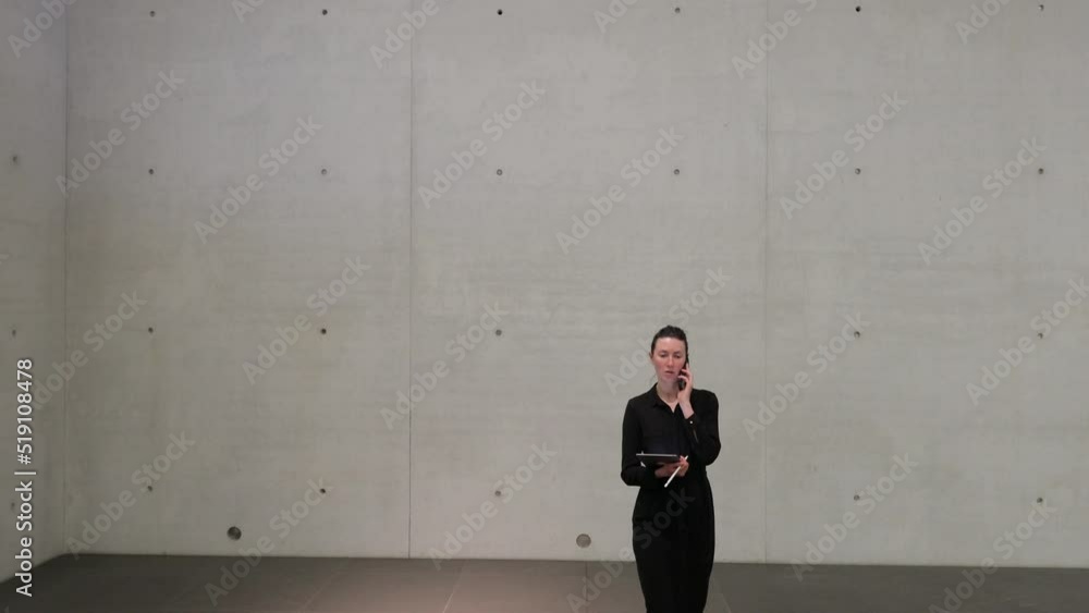 Business woman talking on a phone in minimalistic workspace Business woman talking on a phone in minimalistic workspace