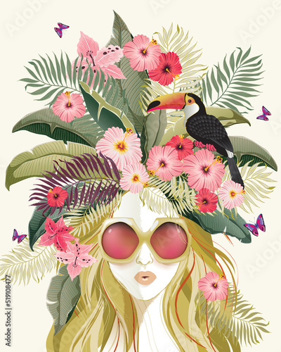Fototapeta Naklejka Na Ścianę i Meble -  Vector illustration of a sunglasses woman with floral bouquet on her hair in spring for Wedding, anniversary, birthday and party. Design for banner, poster, card, invitation and scrapbook	