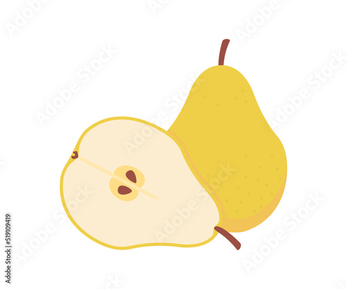 Yellow pear food whole, cut half, piece, part chopped of fruit. Harvest ripe fruit. Popular healthy garden food pear. Vector flat illustration