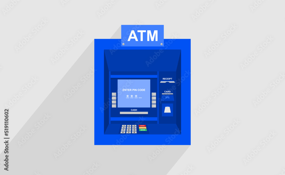 Blue ATM machine on gray background. Vector illustration Blue ATM machine on gray background. Vector illustration