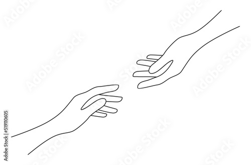 Two hands reaching out to each other. Help and support concept. Minimalistic vector illustration in line art style