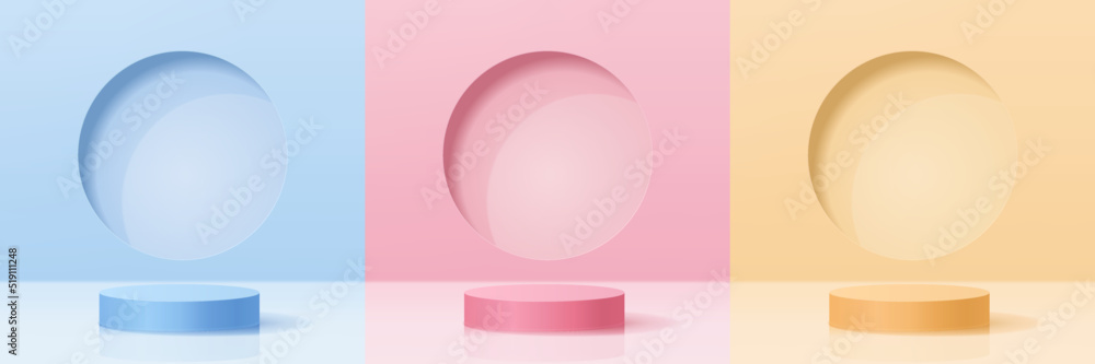Vector set of 3d, blue, pink, and yellow podium, pedestal, platform with round template background for product display, presentation, advertising. Vector set of 3d, blue, pink, and yellow podium, pedestal, platform with round template background for product display, presentation, advertising.