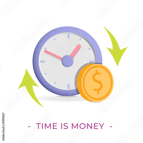 3d Vector clock with gold dollar coin icon illustration. text time is money. Long financial investment, future income, money profit and benefit, annual revenue concept design. 