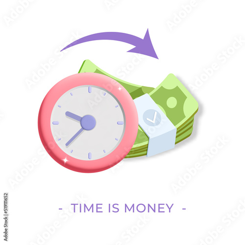 3d Vector pink alarm clock with bunch of green dollar banknote icon illustration. Text Time is money. Long financial investment, future income, money profit and benefit, back back, annual revenue 