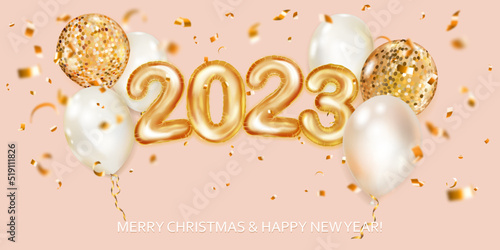 Festive Christmas background with white and yellow balloons, numbers 2023 of golden foil balloons and shiny pieces of serpentine. Vector illustration for posters, flyers or cards