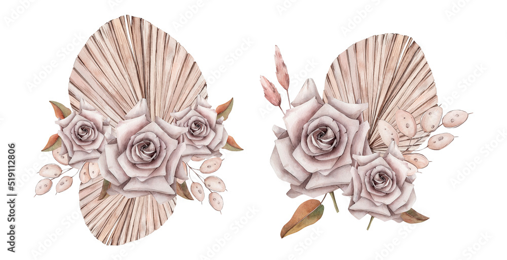 Obraz premium Watercolor Boho Floral Illustration isolated on white background. Watercolour Beige and Dusty Pink Bohemian Flowers Composition. Palm Leaves, Roses and Lunaria Flowers. Wedding Invitations, Greetings.