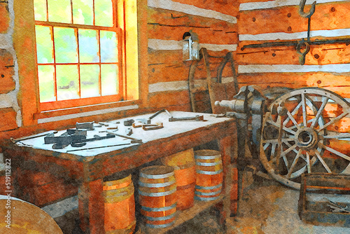 Digitally created watercolor painting of a historic blacksmith shop