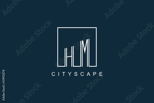 Initials HM logo with modern minimal elegant square line and abstract building