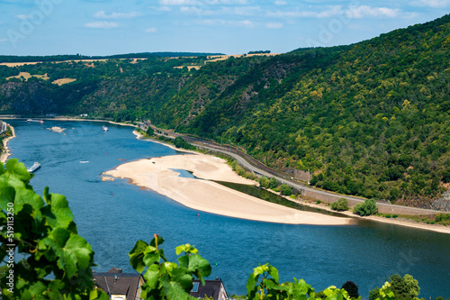 Sandbank in river Rhine near Oberwesel during drought in summer 2022