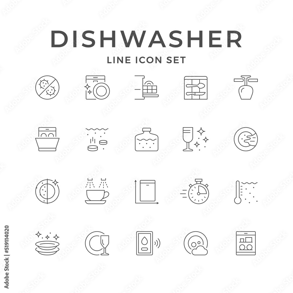 Set line icons of dishwasher Set line icons of dishwasher