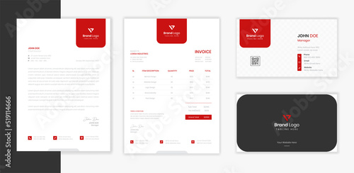 Red Corporate Stationery design set with Letterhead, business card, invoice print set