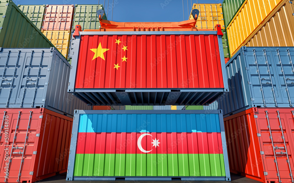 Fototapeta premium Cargo containers with China and Azerbaijan national flags. 3D Rendering