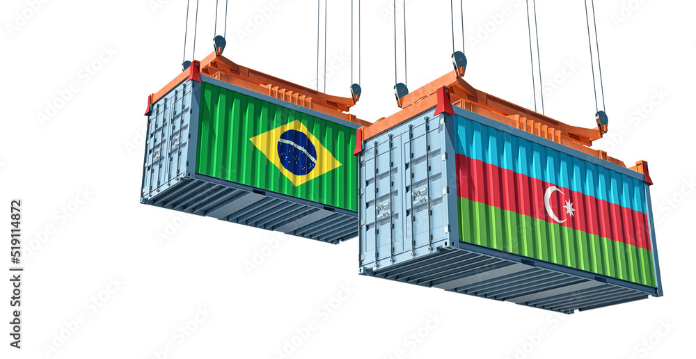 Cargo containers with Brazil and Azerbaijan national flags. 3D Rendering