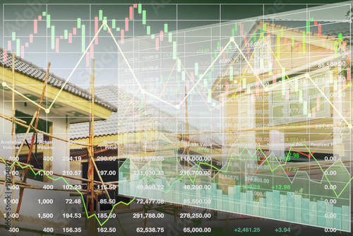 Stock financial index data  of construction industry and property development business growth on construction site background image for presentation and report.