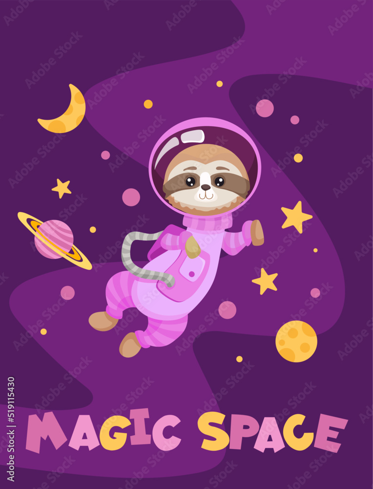 Baby Sloth astronaut in suit flying in open space. Character exploring universe with planets, stars, spaceship for children print, greeting card or invitation design. Cartoon vector flat illustration. Baby Sloth astronaut in suit flying in open space. Character exploring universe with planets, stars, spaceship for children print, greeting card or invitation design. Cartoon vector flat illustration.