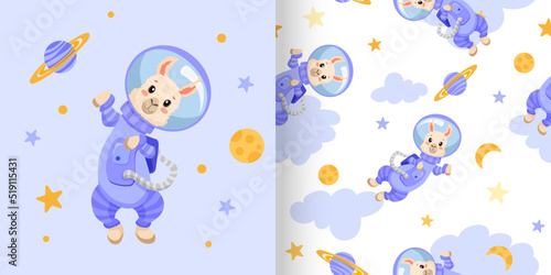 Cute seamless pattern with Alpaca Astronaut, stars, moon and planets. Animal repeated vector illustration for nursery, poster, birthday greeting cards, baby shower or textile fabric