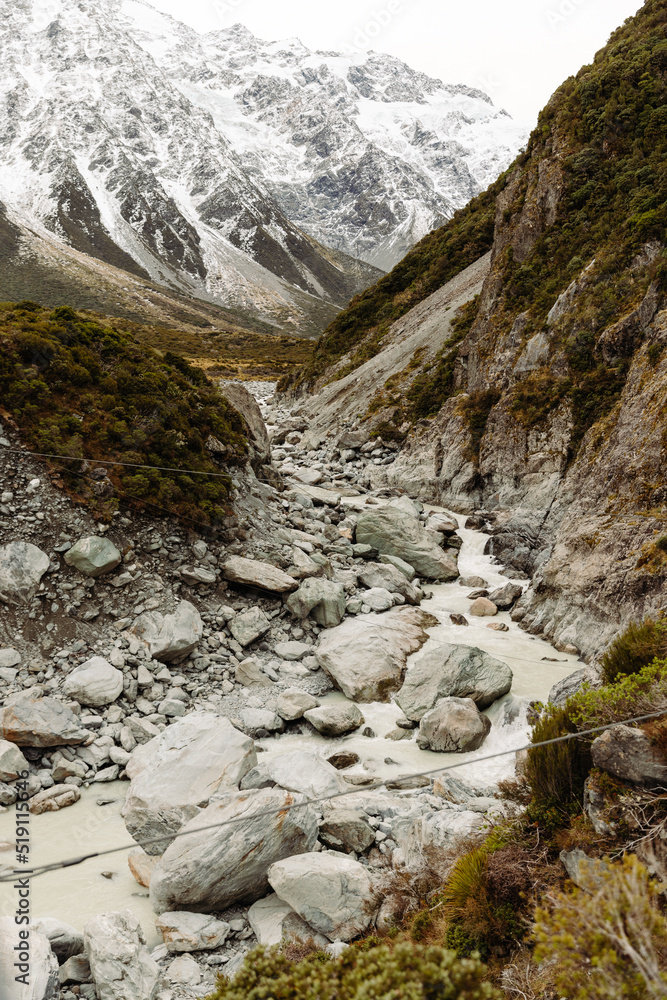Hooker Valley Track at Aoraki or Mount Cook National Park in the Canterbury Region of South Island, New Zealand Hooker Valley Track at Aoraki or Mount Cook National Park in the Canterbury Region of South Island, New Zealand