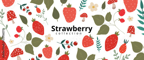 Red strawberry in beautiful style on white background. Isolated vector illustration. Natural organic nutrition. Vector banner.