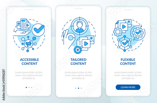 Content requirements blue onboarding mobile app screen. Principles walkthrough 3 steps editable graphic instructions with linear concepts. UI, UX, GUI template. Myriad Pro-Bold, Regular fonts used