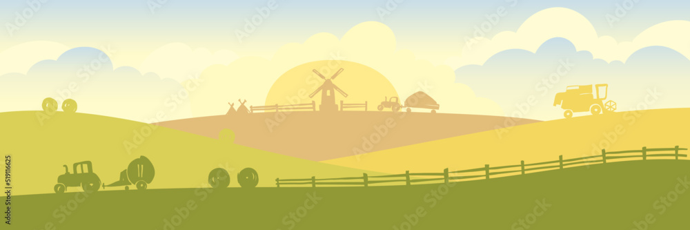 Abstract rural landscape -- harvesting. Agricultural machines harvest. Vector illustration on the theme of grain, flour and bread.