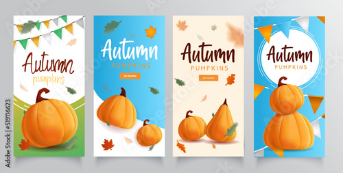 Collection Banner autumn with illustration of realistic pumpkins and flying leaves.