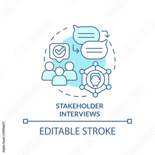 Stakeholder interviews turquoise concept icon. Research for content design abstract idea thin line illustration. Isolated outline drawing. Editable stroke. Arial, Myriad Pro-Bold fonts used
