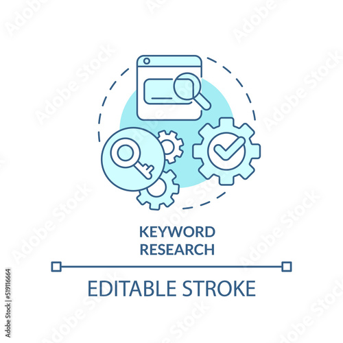 Keyword research turquoise concept icon. SEO technology. Data for content design abstract idea thin line illustration. Isolated outline drawing. Editable stroke. Arial, Myriad Pro-Bold fonts used