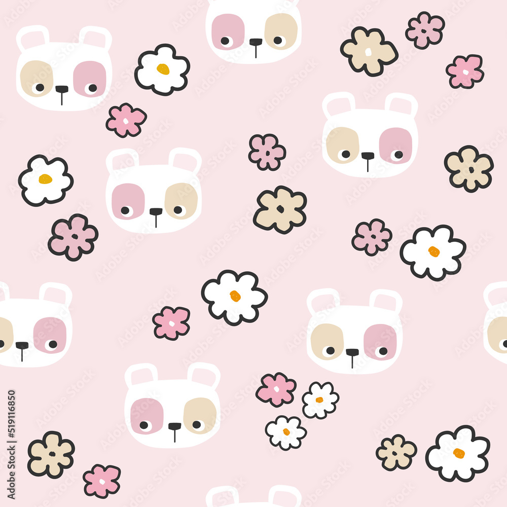Seamless pattern with cherry flowers and cute panda. Childish pastel print. Vector hand drawn illustration.