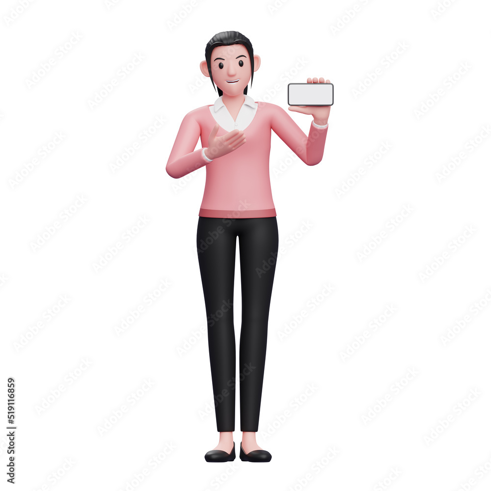 girl in sweater presenting with a landscape phone screen, 3D render business woman character illustration girl in sweater presenting with a landscape phone screen, 3D render business woman character illustration