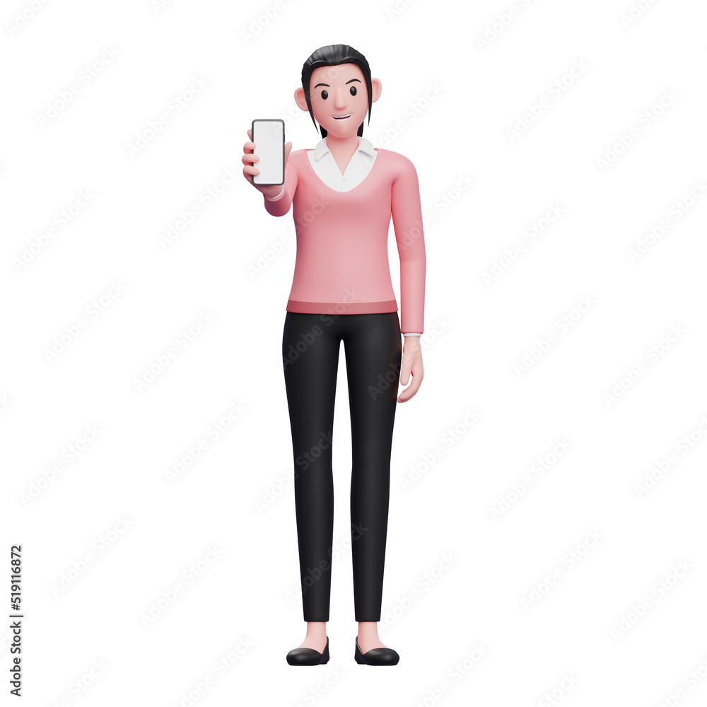 beautiful woman showing phone screen, 3D render business woman character illustration beautiful woman showing phone screen, 3D render business woman character illustration